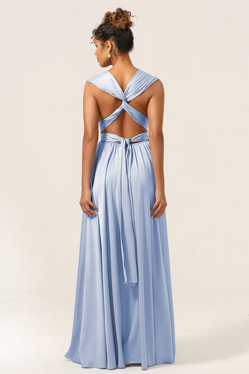 Dusty Blue A-Line Convertible Floor Length Satin Bridesmaid Dress